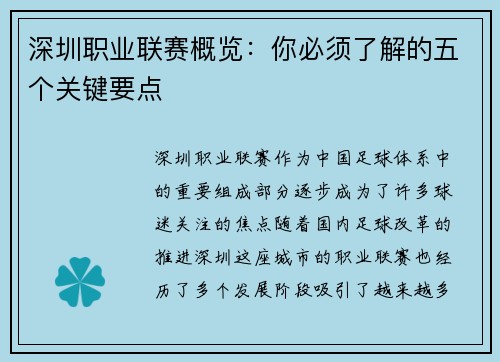 深圳职业联赛概览：你必须了解的五个关键要点