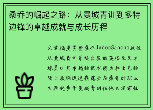 桑乔的崛起之路:从曼城青训到多特边锋的卓越成就与成长历程 桑乔的崛起之路:从曼城青训到多特边锋的卓越成就与成长历程