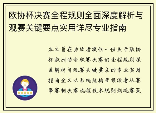 欧协杯决赛全程规则全面深度解析与观赛关键要点实用详尽专业指南